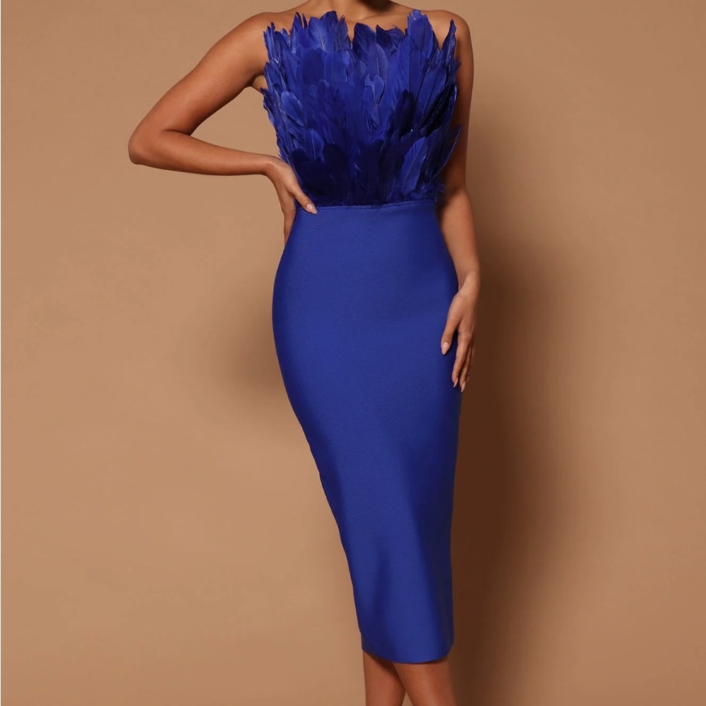 Fashion Nova medium blue feather midi dress